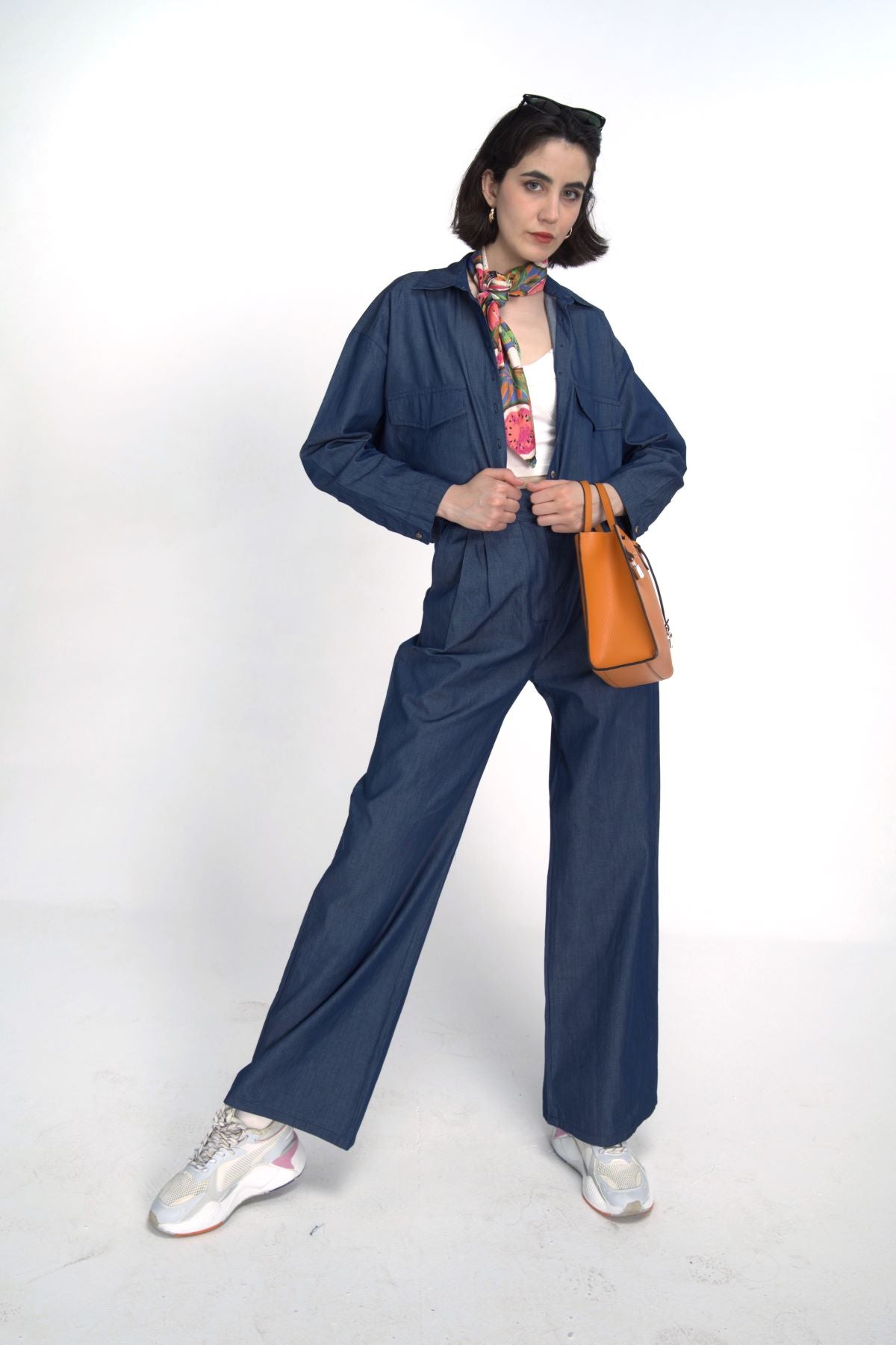 Denim Çift Pileli Pantolon