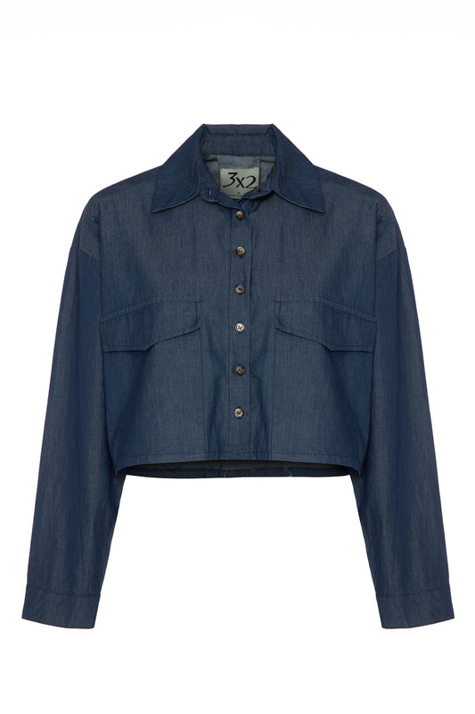 Crop Kesim Cepli Denim Gömlek