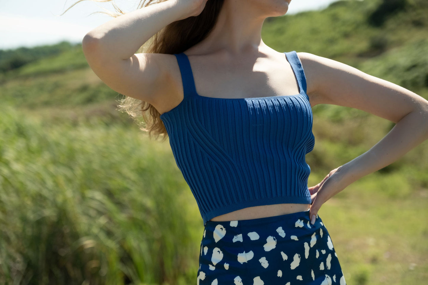 Mavi Triko Askılı Crop Top